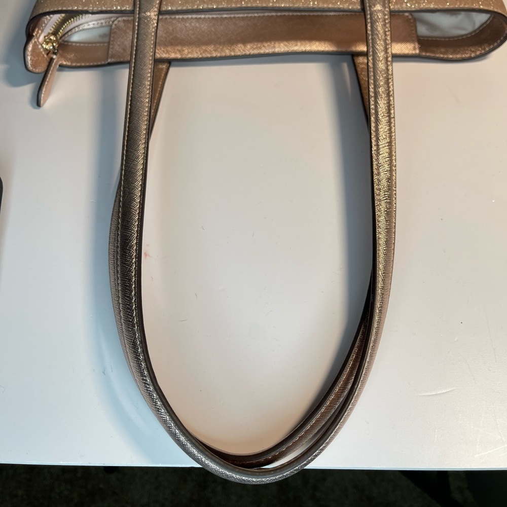 Kate Spade NY Saffiano PVC Trim Tinsel Glitter Rose Gold Tote Gently Preloved - Picture 11 of 17